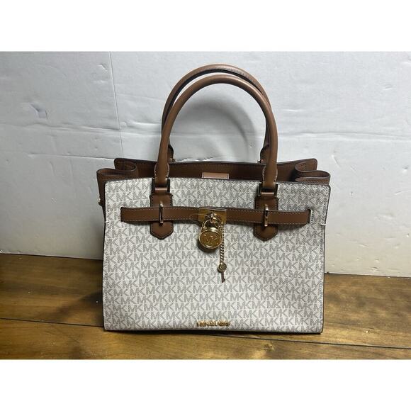 Michael Kors Hamilton Medium Satchel MK Logo Shoulder Strap Handbag (Vanilla) - Picture 1 of 13
